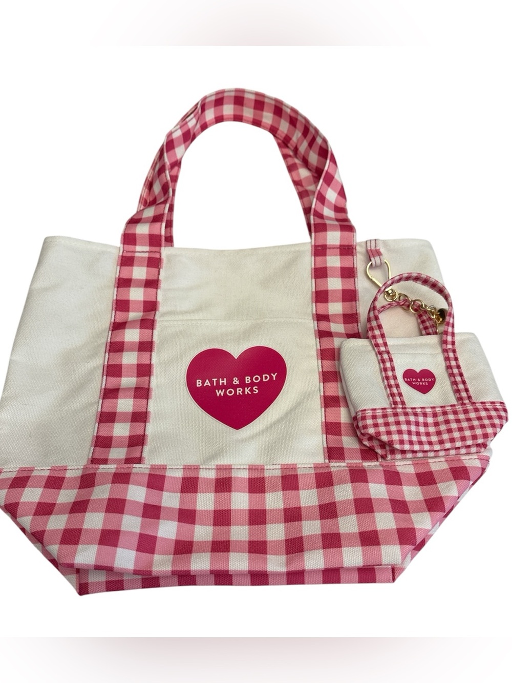 Bath & Body Works Pink Gingham Canvas Market tote Heart Logo Mini Keychain NWT